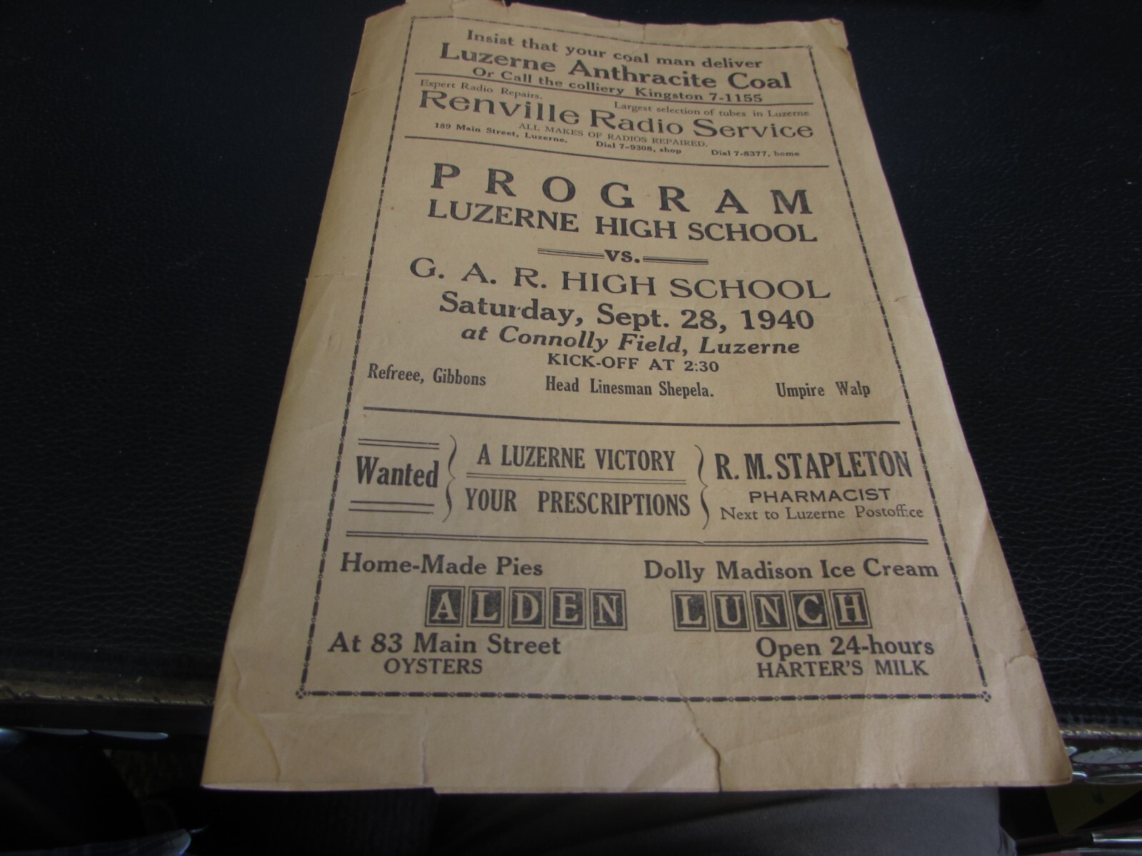 SEPTEMBER 28TH 1940 LUZERNE VS G.A.R. HIGH SCHOOL SCHOOL FOOTBALL PROGRAM