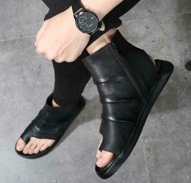 Men's Real Leather Sandals Shoes Beach Fashion Roman Summer Boots Clip Toe Flats
