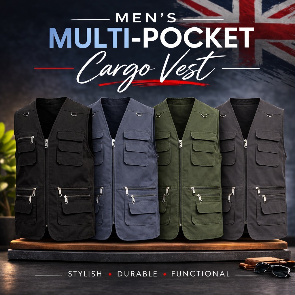 Men’s Multi Pocket Utility Gilet Zip Up Outdoor Workwear & Fishing Waistcoat