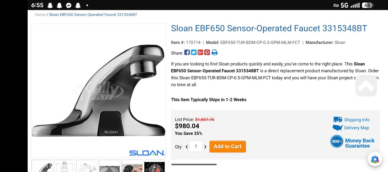 Sloan Optima Plus EBF650 Touchless Sensor Bathroom Faucet (Missing Controller)