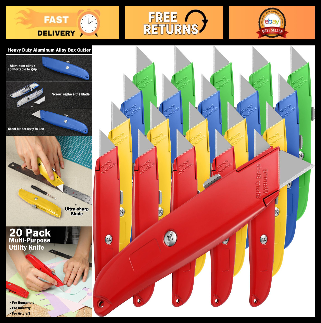 20 Pcs Heavy Duty Retractable Box Cutter Utility Knife Set - Cardboard Carton Op