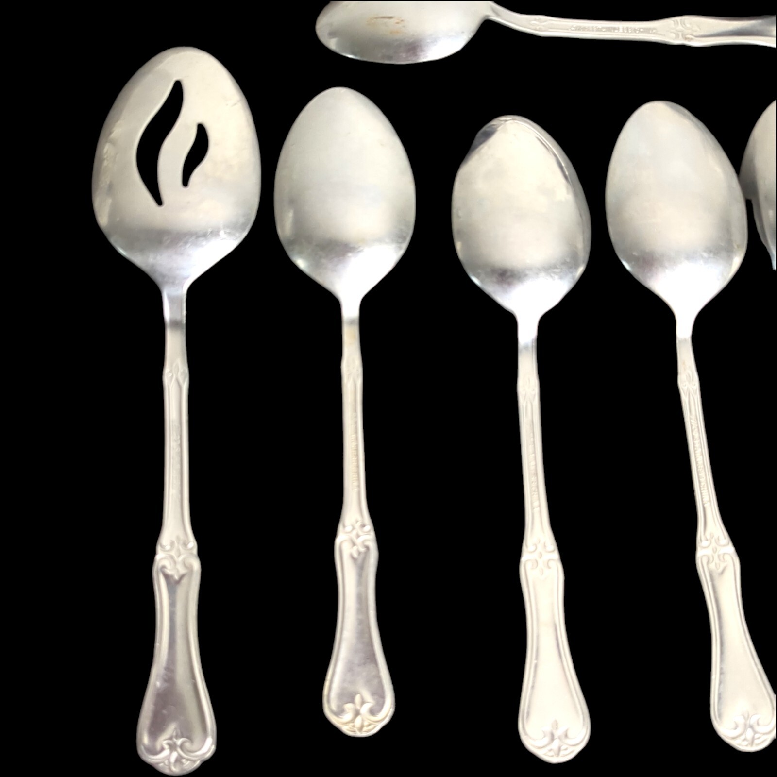 Lot 13 Alco UNKNOWN PATTERN Scrolls Scalloped Spoon Knife 6" Stainless Flatware