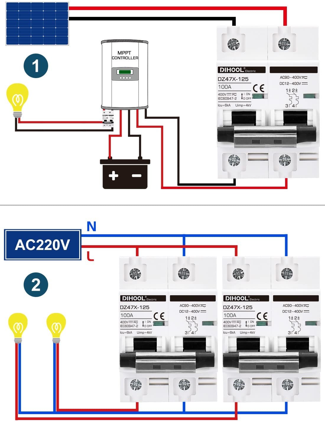 100 Amp Solar Disconnect Switch for 2 Pole DIN Rail Mount Circuit Protection
