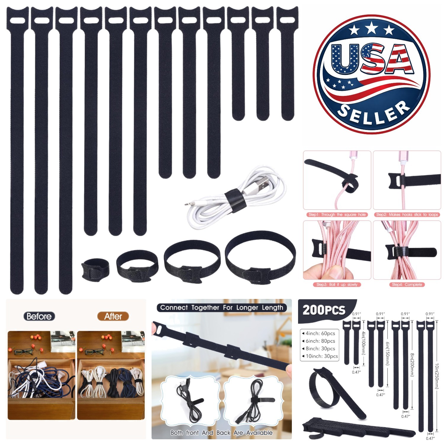 Versatile 200PCS Reusable Cable Ties: 4-10 Inch Adjustable Organization Solution