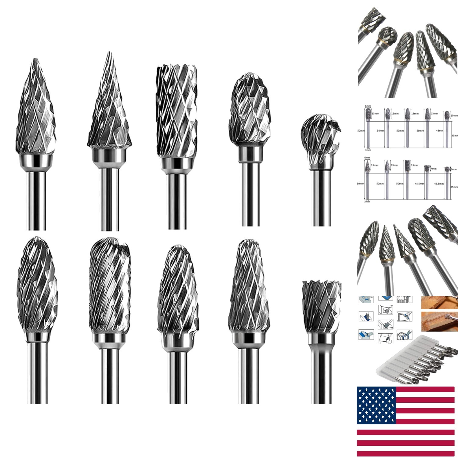 1/8" Shank Double Cut Tungsten Carbide Rotary Burr Set - Ideal for Metal & Wood