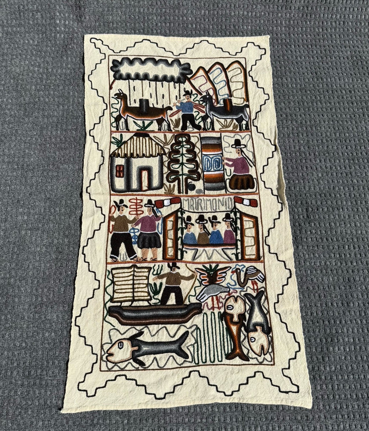 Vintage Folk Art Embroidery Peru "Matrimonio" 42”x23” Wall Hanging Wedding Gift