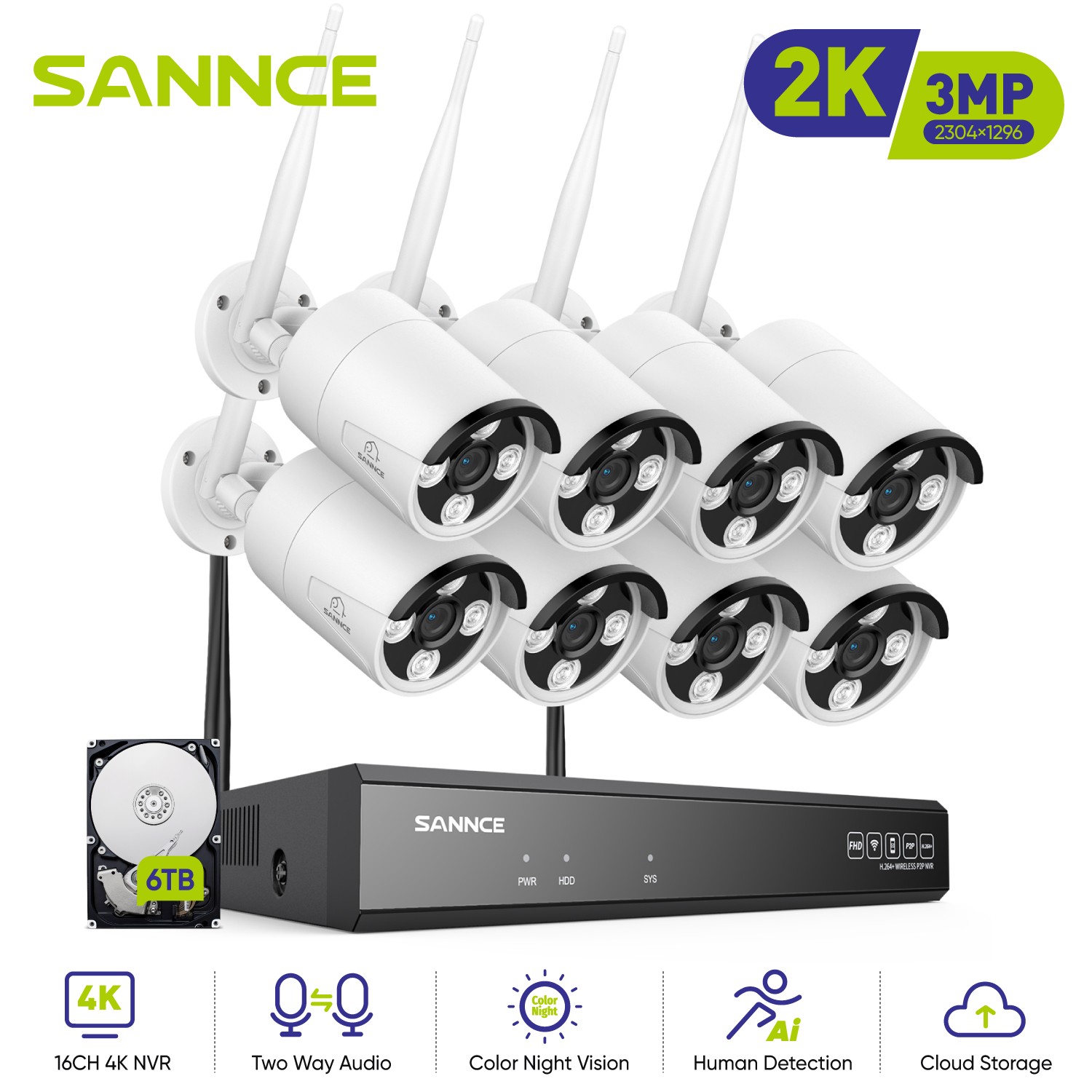 SANNCE 3MP Security Camera System Wireless Outdoor Wifi Audio CCTV 16CH 8MP NVR