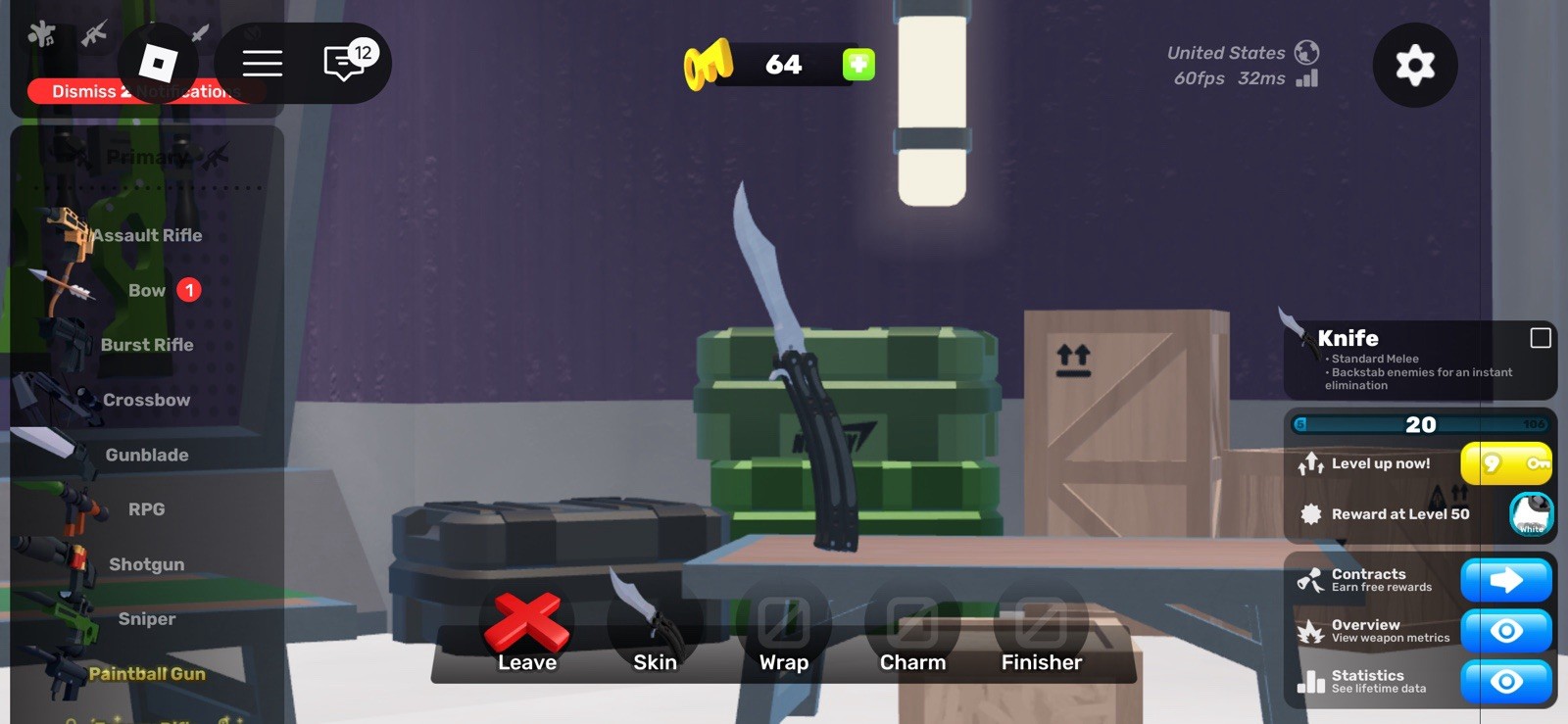 Roblox Knife Game Item/Asset Level 20 Virtual In-Game Knife Item/Asset