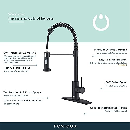 Kitchen Faucet with Pull Down Sprayer, Commercial Spring Kitchen Sink Black