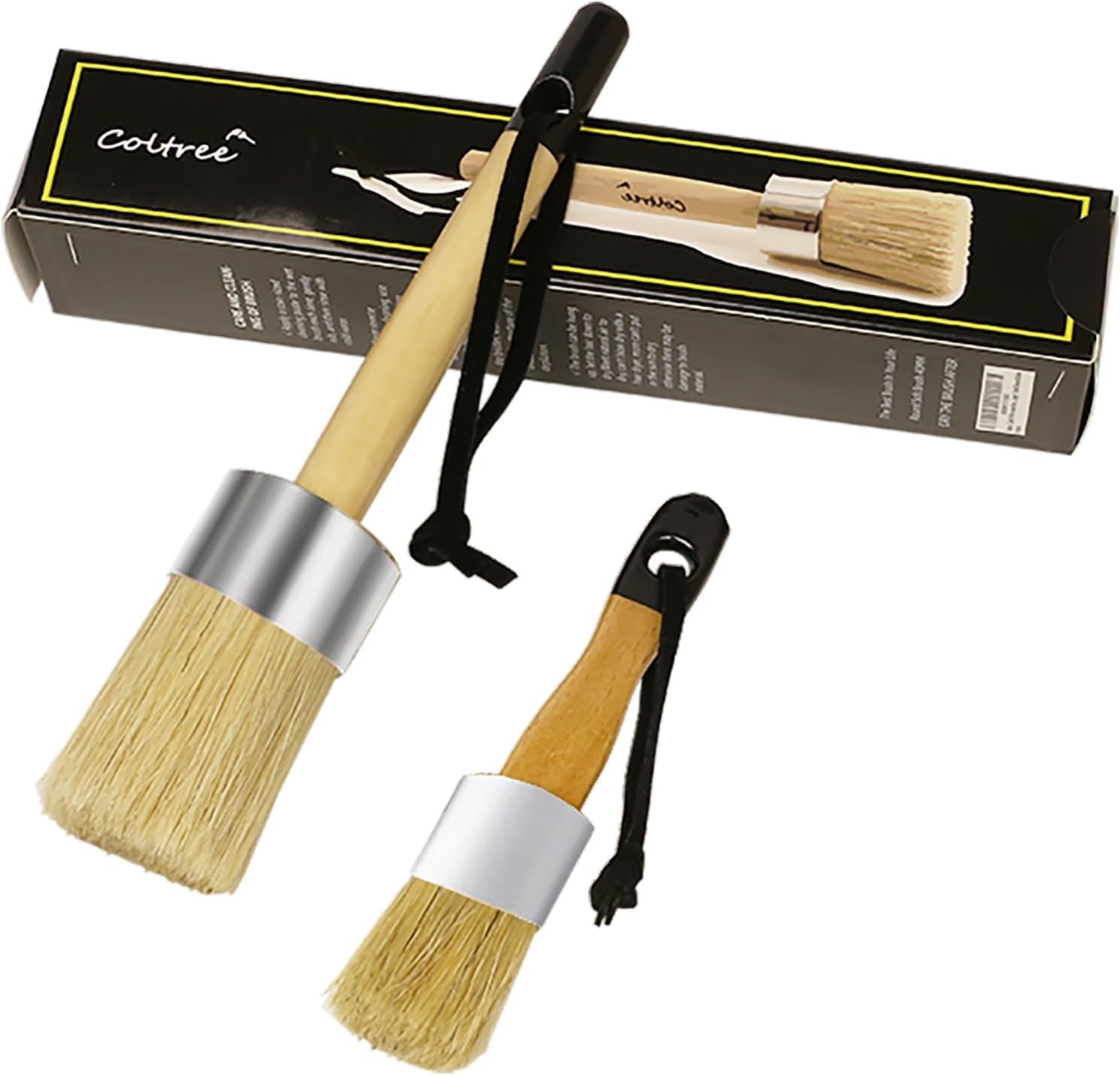 Chalk Paint Brushes for Furniture, 2 Pcs Boar Hair Bristles Round/Flat Wax Paint