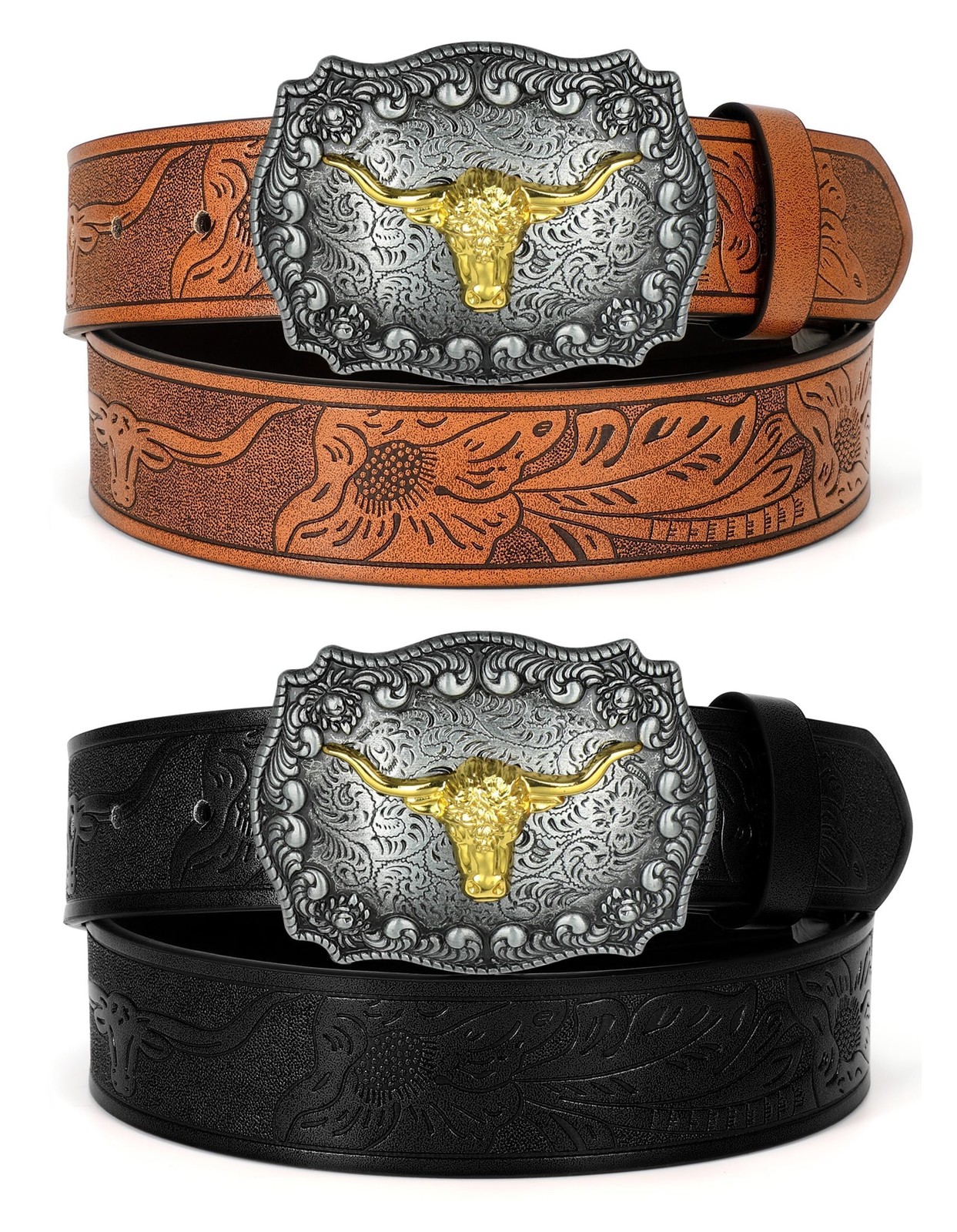 2 Pack Western Cowboy Belts for Men Women Cowgirl Country Floral Engraved Pu ...