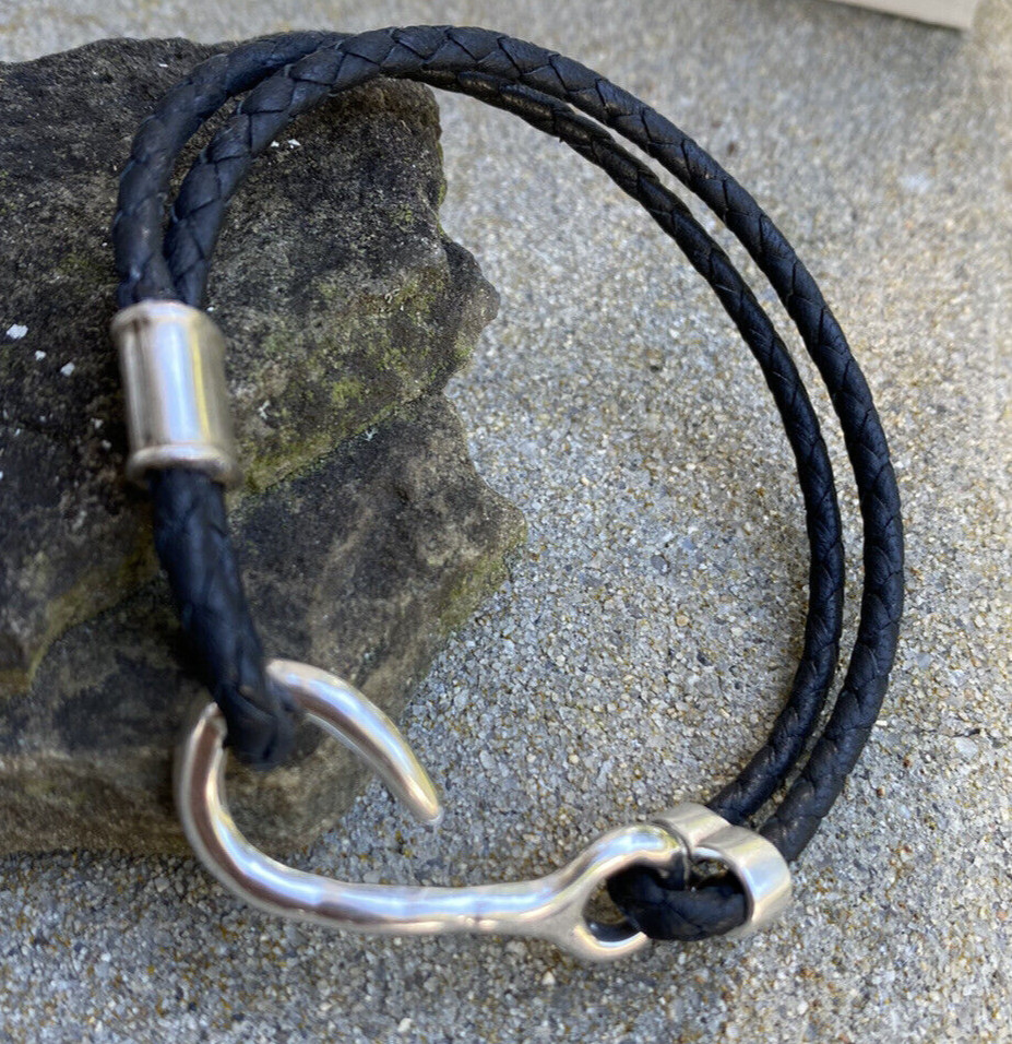 Black Breaded Leather Sterling Silver Hook Bracelets