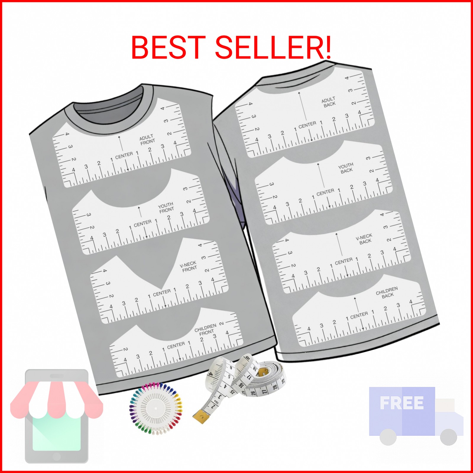 10 PCS Tshirt-Ruler Guide, T-Shirt Measurement Tools for Children Youth Adult, V