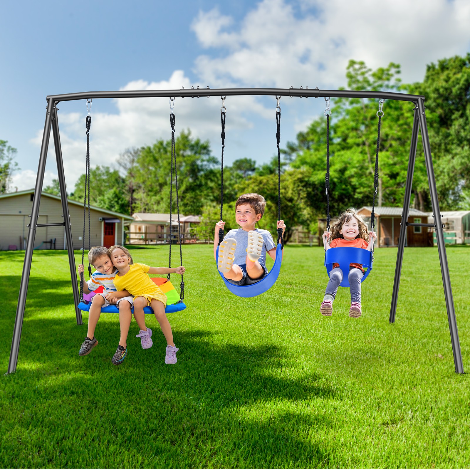 440lbs Metal Swing Set with Three Swing Heavy Duty Kids Adult Playground Playset
