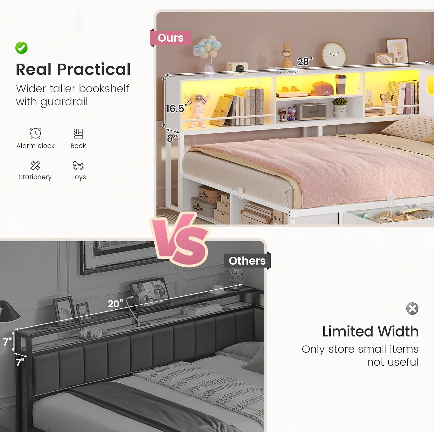 Corner Bed Frame Full Size with Bookcase Storage & Headboard White | RGB Lights,