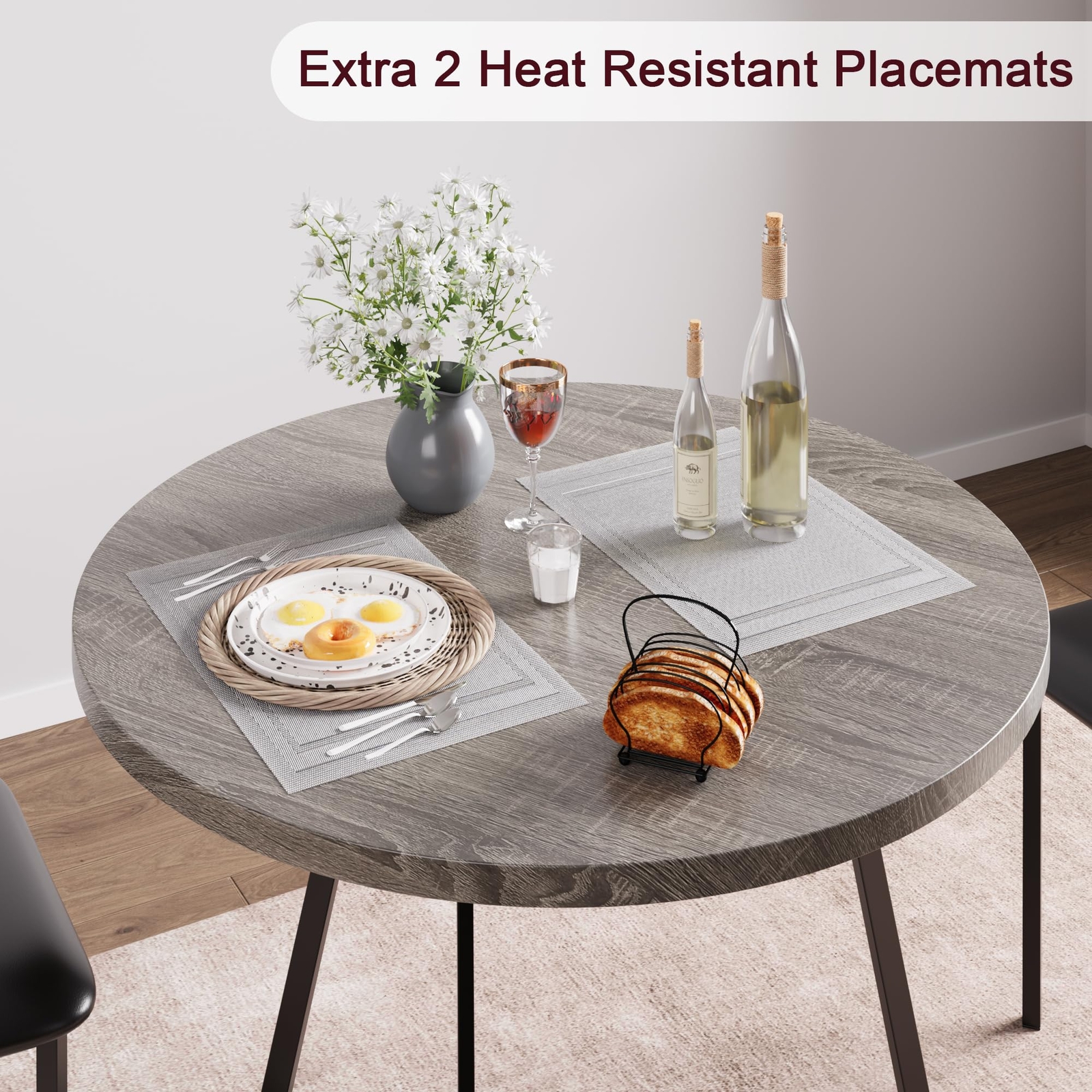 Round Dining Table Set for 2, Kitchen Table with 2 Upholstered Chairs for Small