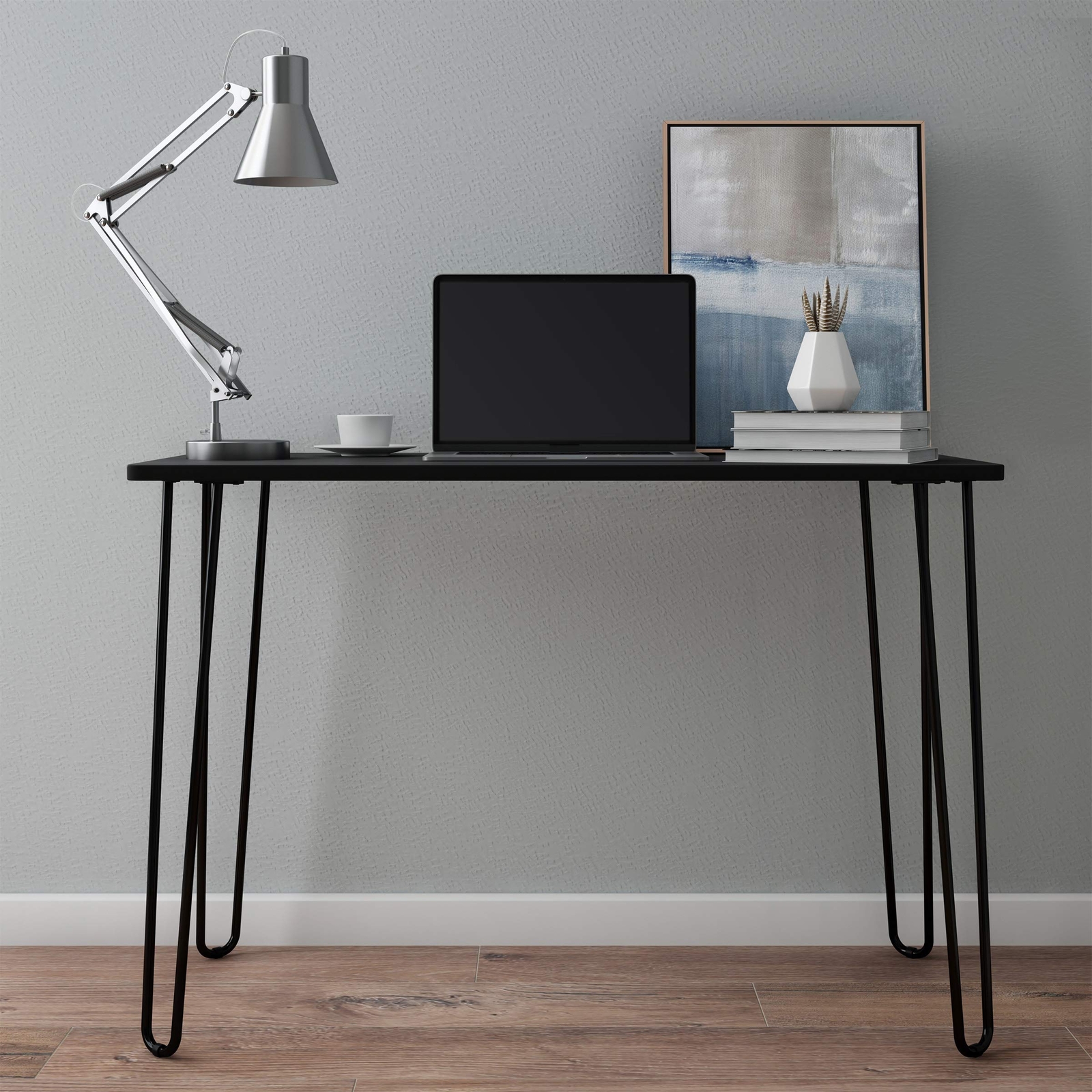 Desk With Hairpin Legsmodern Industrial Style Decorwoodgrainlook And Steel Accen
