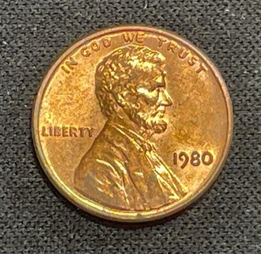 SHINY RED 1980 P Lincoln cent EXTREME DDO on "GOD, "TRUST", "LIBERTY" Errors