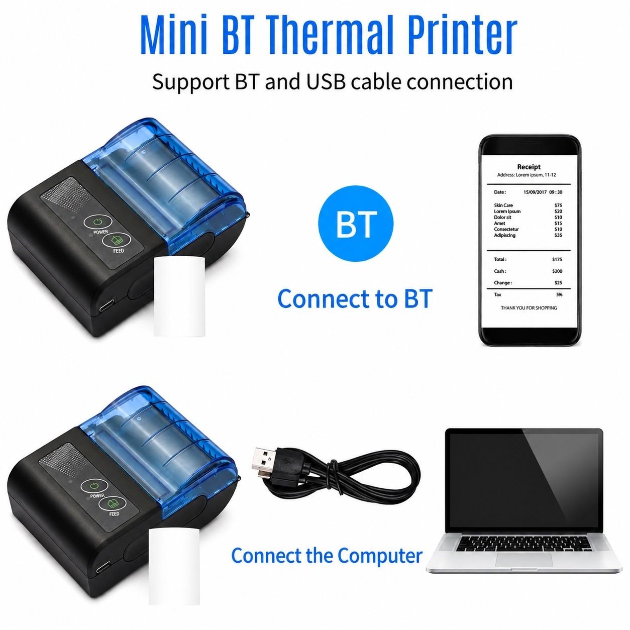 Mini Thermal Receipt Printer 58mm BT USB Receipt Bill Ticket Android Windows POS