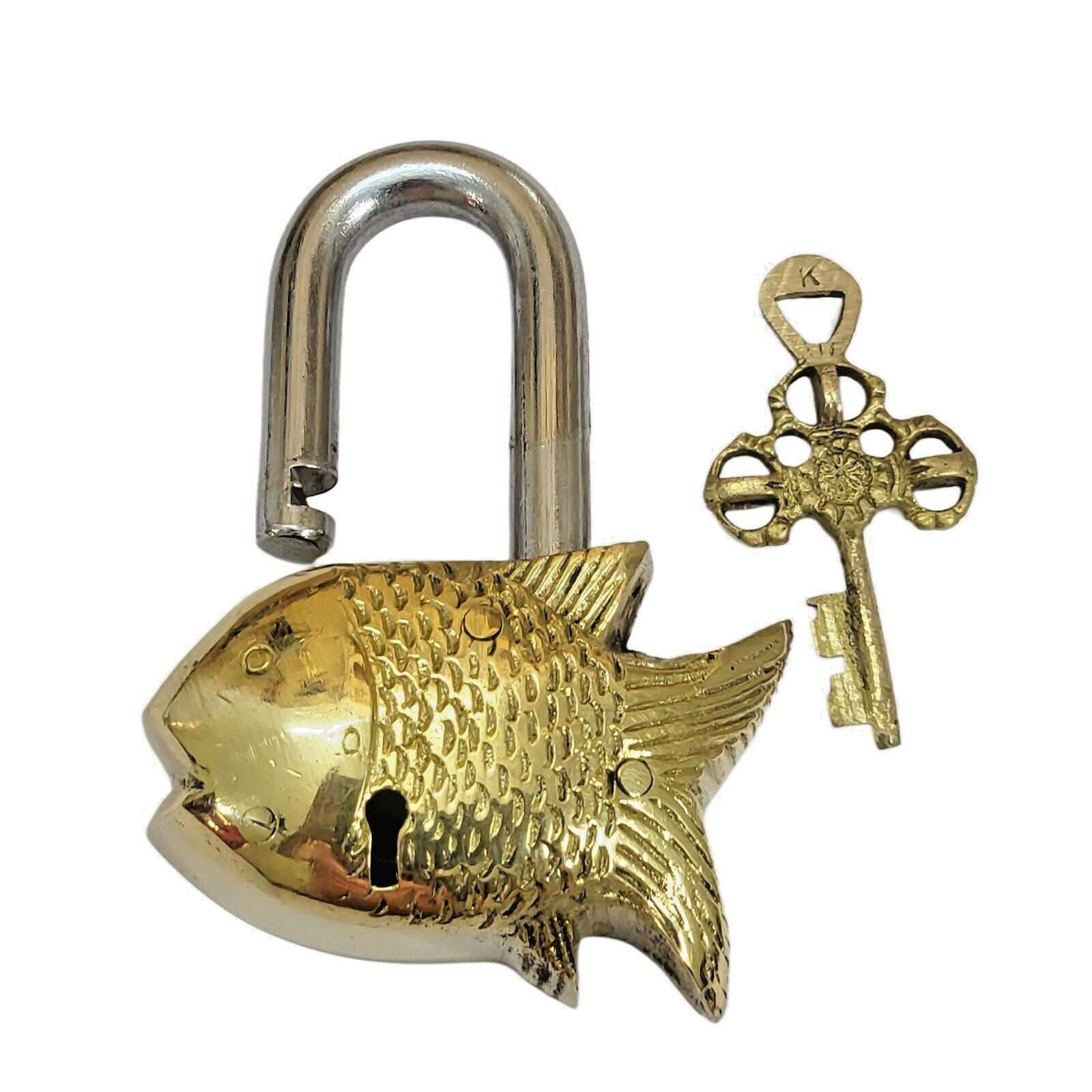 Antique Padlock Brass Hand Crafted Working Decorative Small Fish Shape Padlock