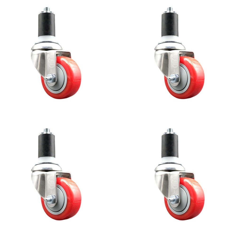 3.5 Inch 316SS Red Polyurethane Swivel 1-5/8 Inch Expanding Stem Caster Set