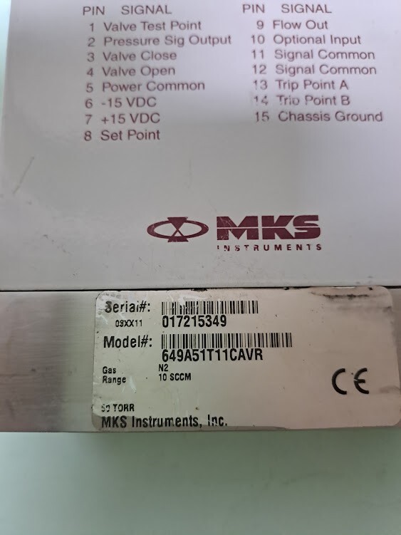 MKS Instruments 649A51T11CAVR N2 10 SCCM Flow Pressure Controller Type 649
