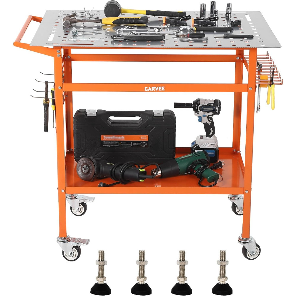 800LBS 36x24in Mobile Welding Table Steel Workbench with Storage Tray & Hooks