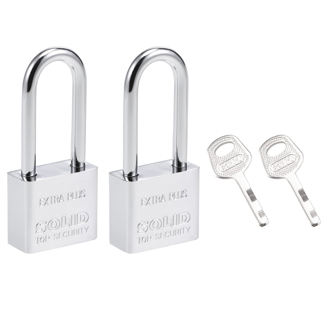 Steel Padlock, Keyed Alike, 30mm Wide Chrome Finish Harden Long Shackle, 2Pcs