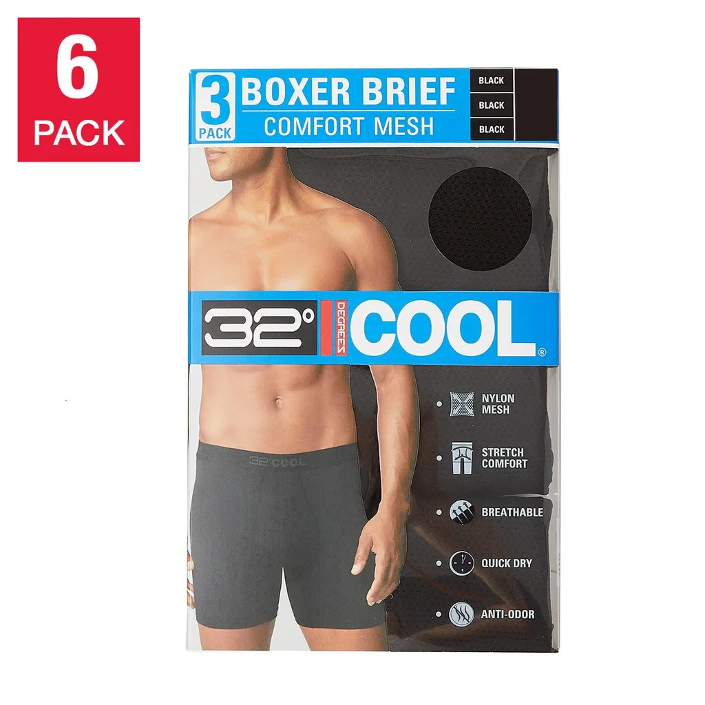 32 Degrees Cool Men's Comfort Mesh Boxer Brief 6-pack Black S to XXL Quick Dry