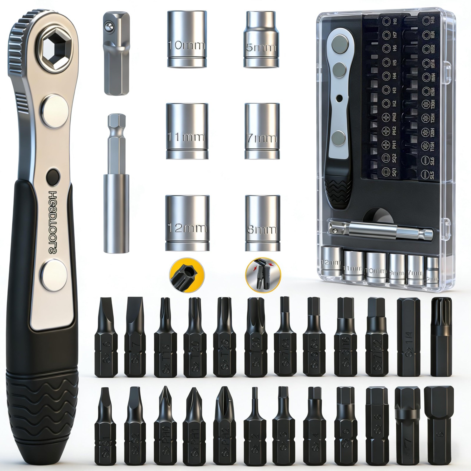 hgsdtools 33in1 Right Angle Screwdriver Set 1/4 Mini Ratchet Wrench S2 Black
