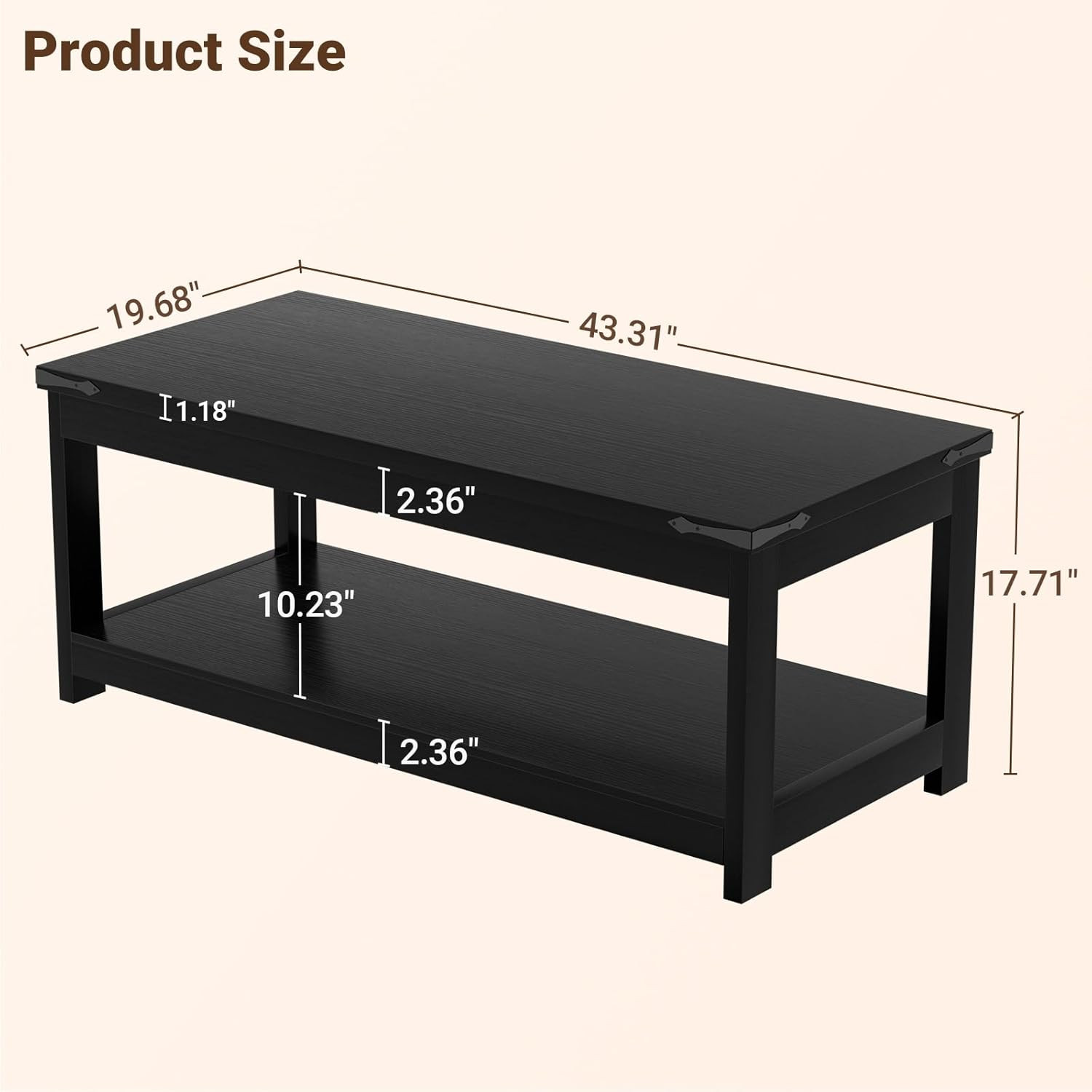 43.3” Farmhouse Coffee Table with Storage Shelf, Black | Rectangular Wood Center