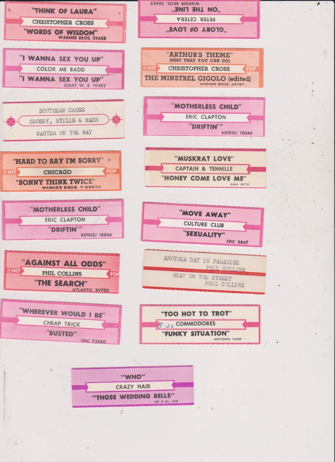 15 ROCK JUKEBOX TITLE STRIPS LOT 3.FREE SHIPPING IN U S