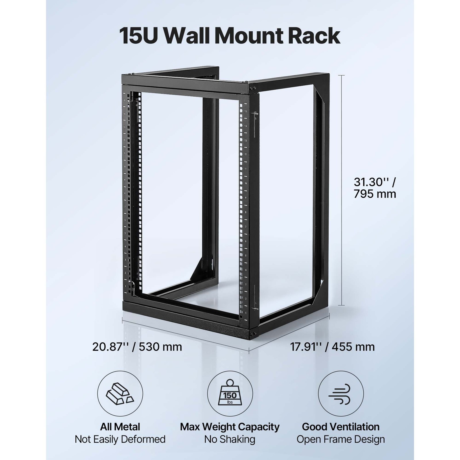 Uimoso 15U Wall-Mounted Open Frame Network Rack, 150 lbs Capacity, 180° Rotation