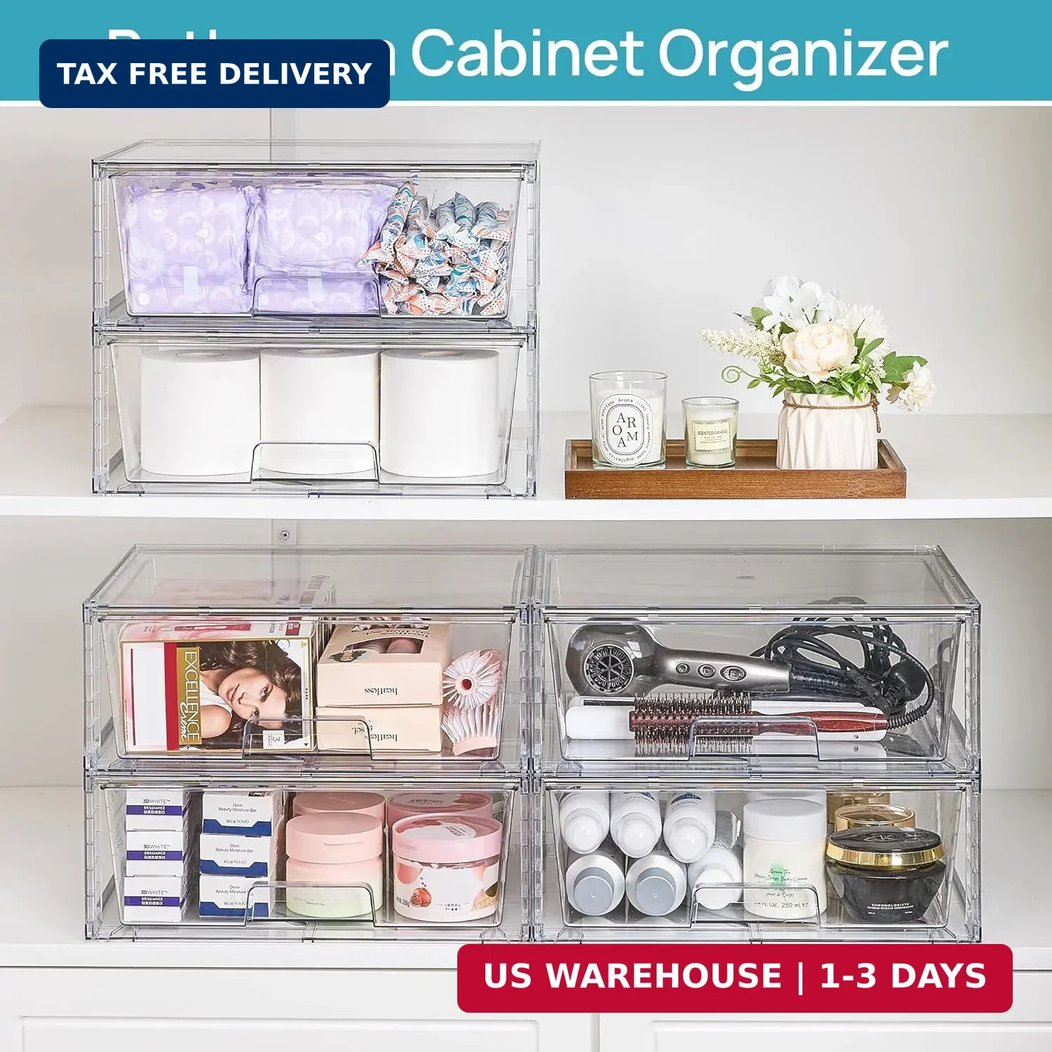 2 Pack Large Stackable Storage Drawers,Easily Assemble Clear Acrylic Ba