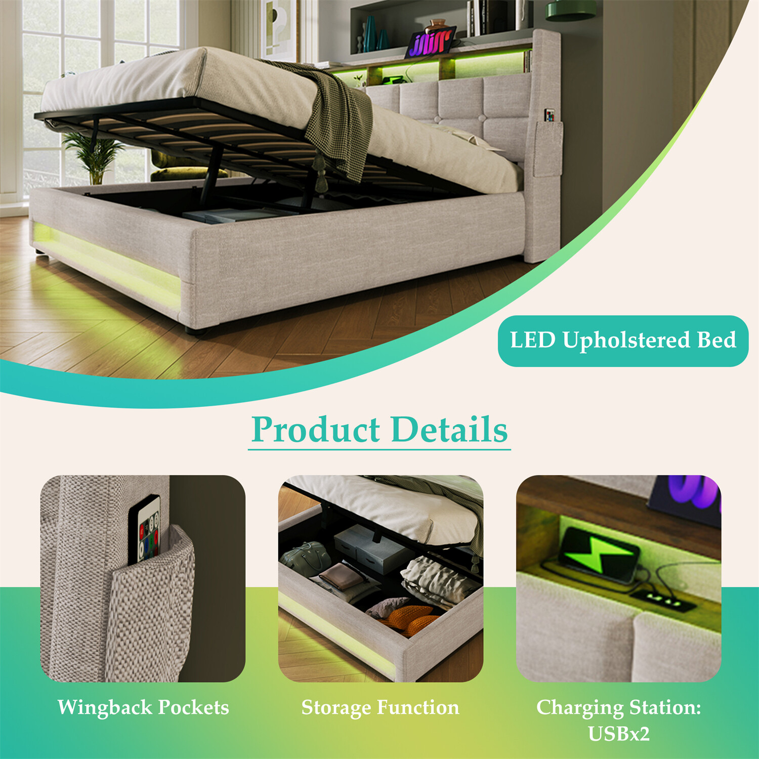 Queen Size LED Bed Frame Upholstered Platform Bed w/ Hydraulic Storage System US