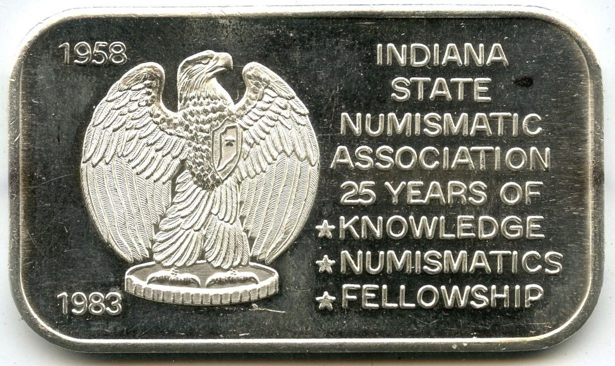 1983 Indiana Numismatic Assc 999 Silver 1 oz Ingot Bar Medal Vintage - L892