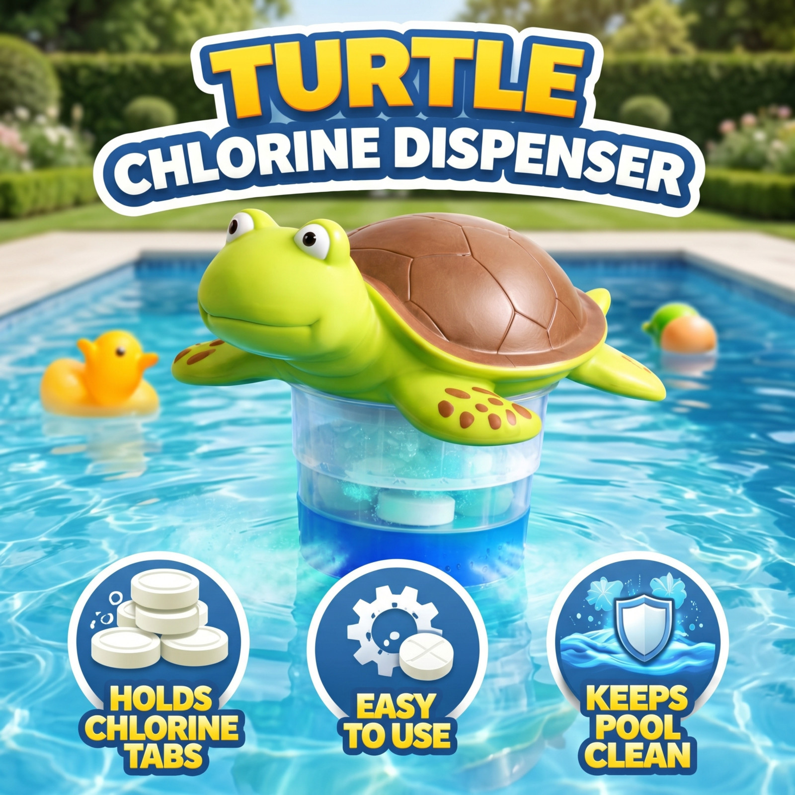 Turtle Pool Chlorine Floater Floating Chemical Dispenser Fits 1" & 3" Tabs