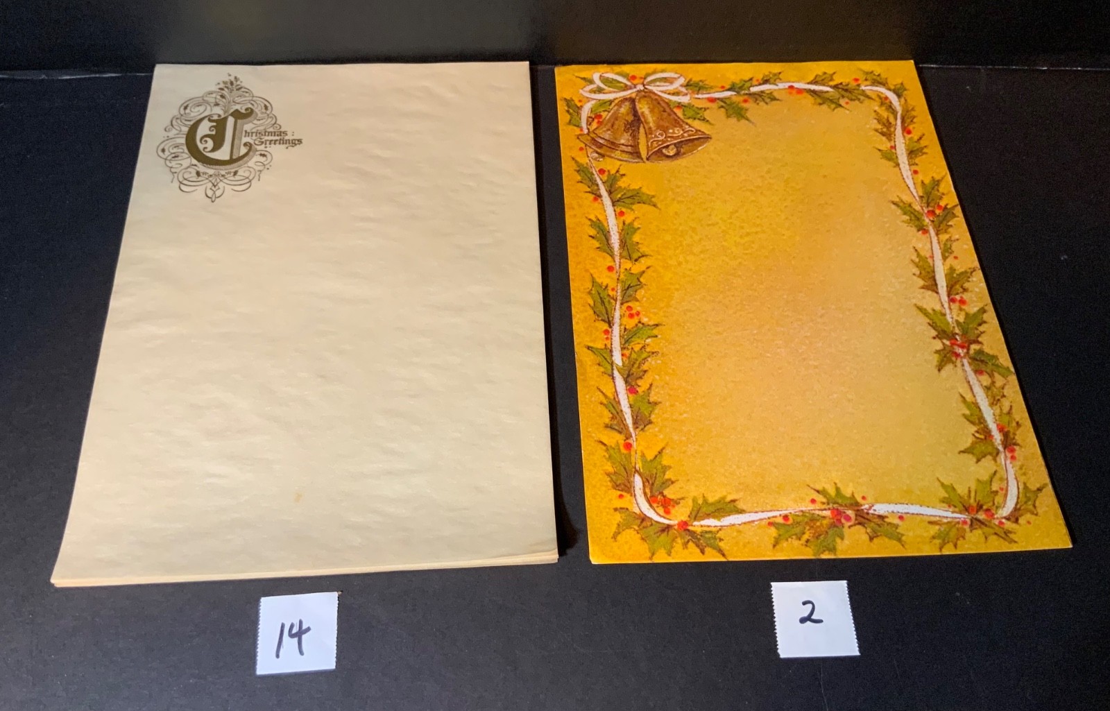 VTG Embossed Christmas Stationary Lot (16) Sheets Bells & Holly, Gold Greetings