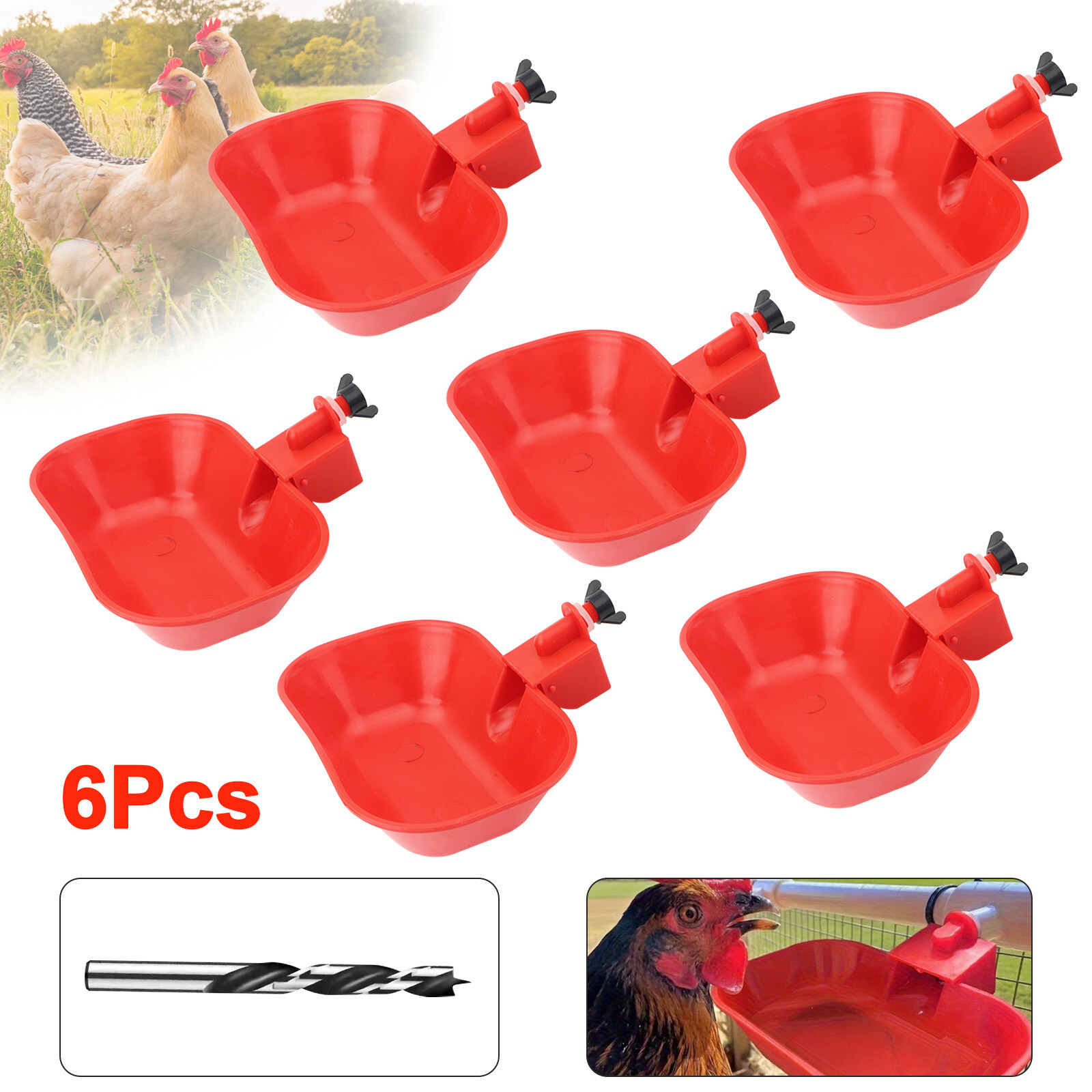 6PCS Large Automatic Water Cups Chicken Duck Quail Drinker Waterer w/ Drill Bit