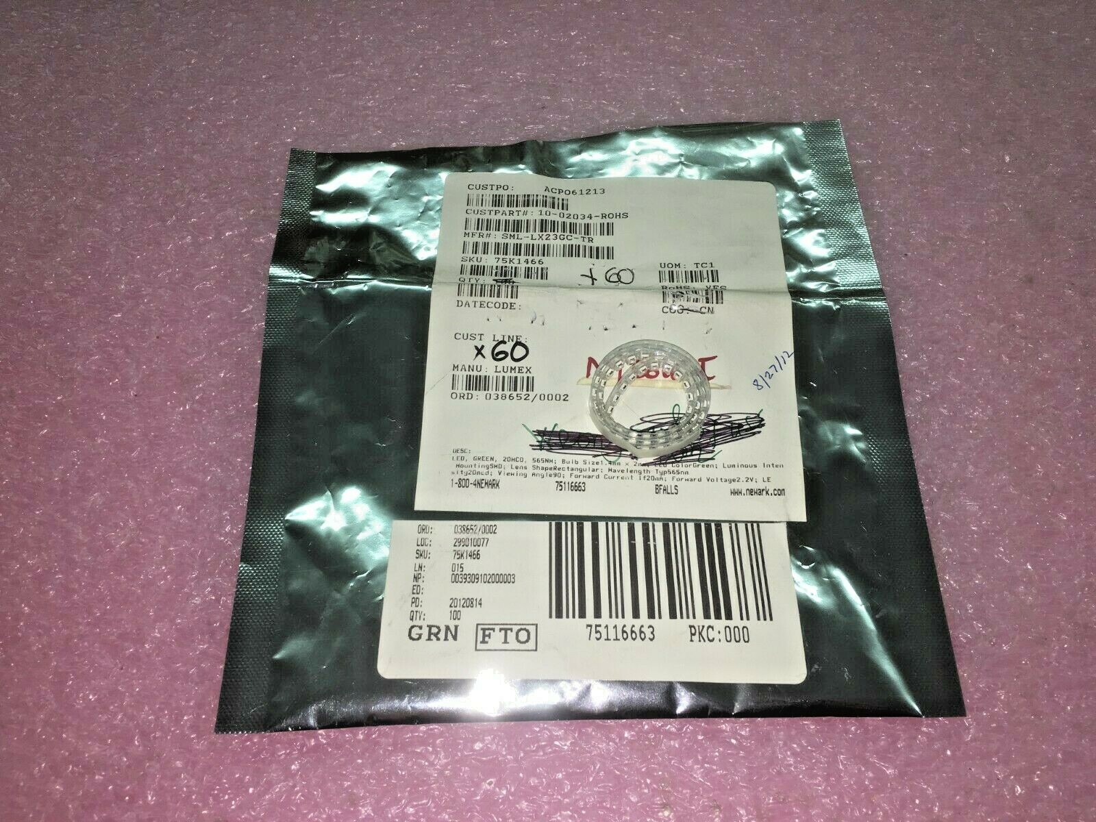 (60 PIECE LOT) SML-LX23GC-TR, LUMEX, LED GREEN CLEAR SMD RoHS