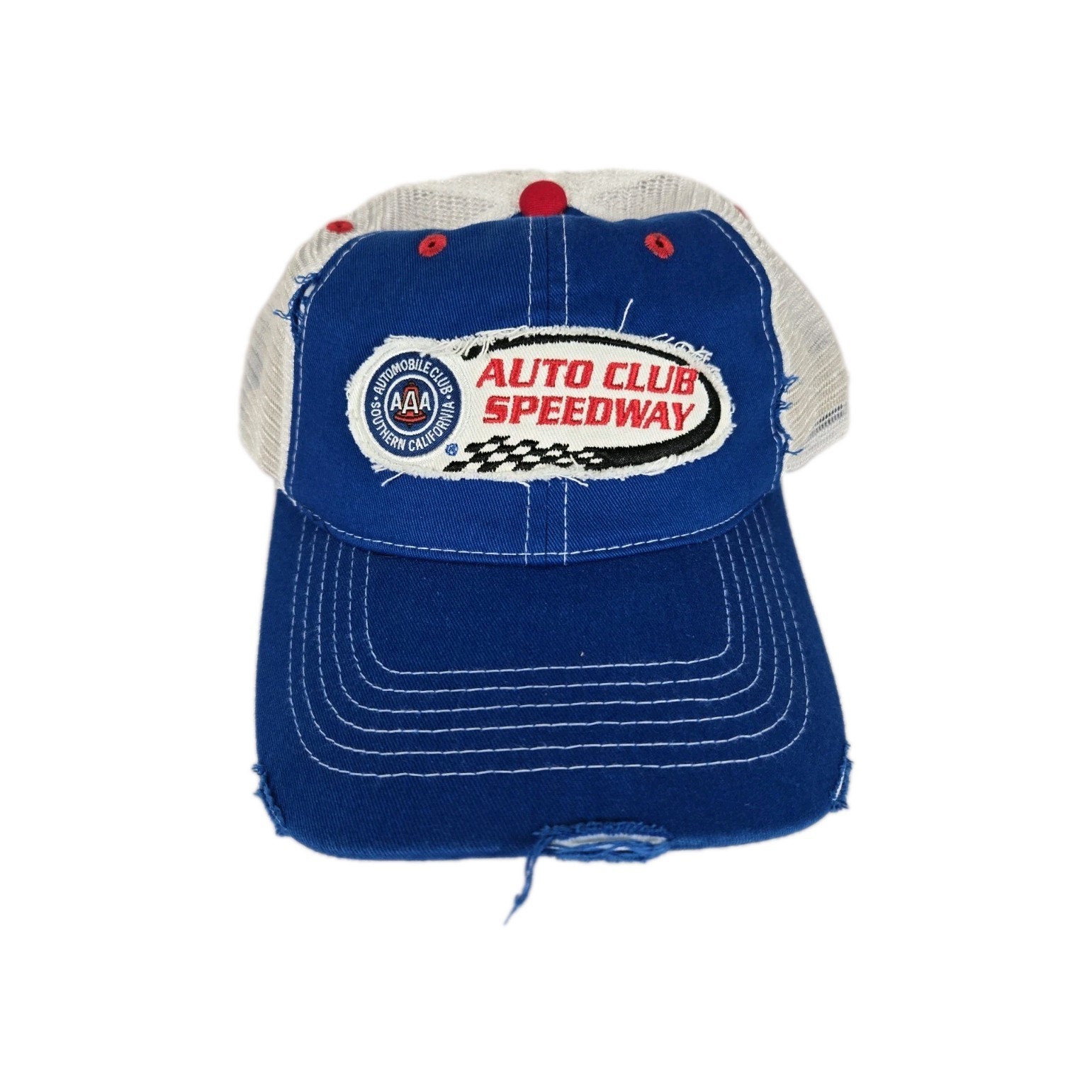 Nascar Auto Club Speedway Cap Hat Blue White Distressed Mesh Snapback Triple AAA