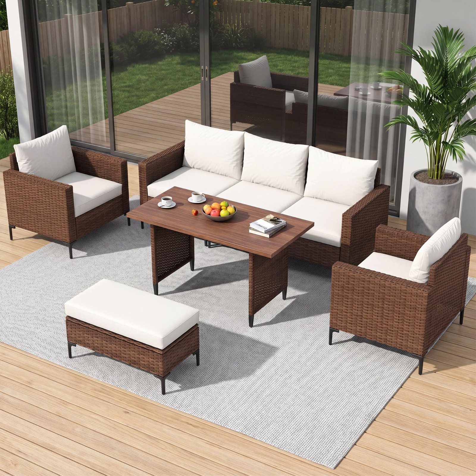 5Pieces Wicker Sectional, Adjustable Back, Ottoman, Wood Table Umbrella Hole
