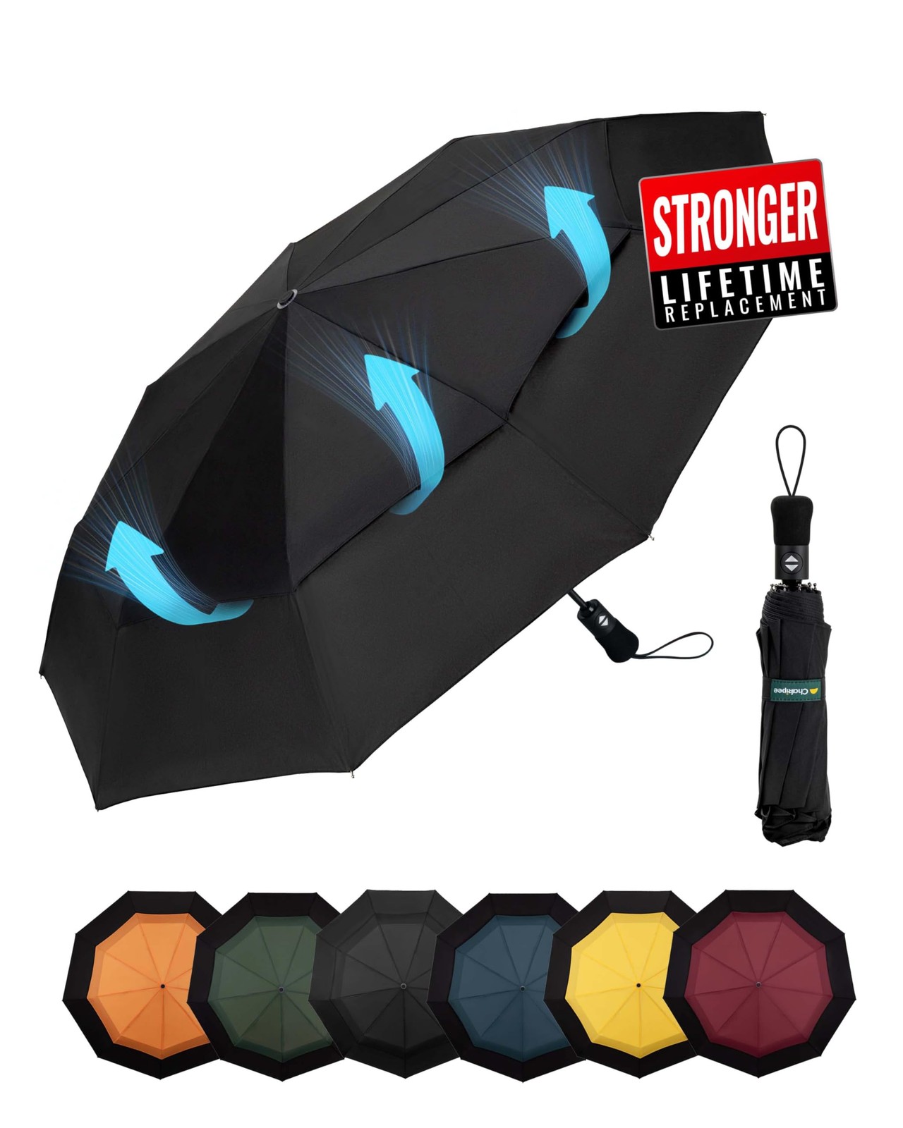 Chakipee Travel Compact Umbrella XXL(46inch), Black-Double Canopy-46inch