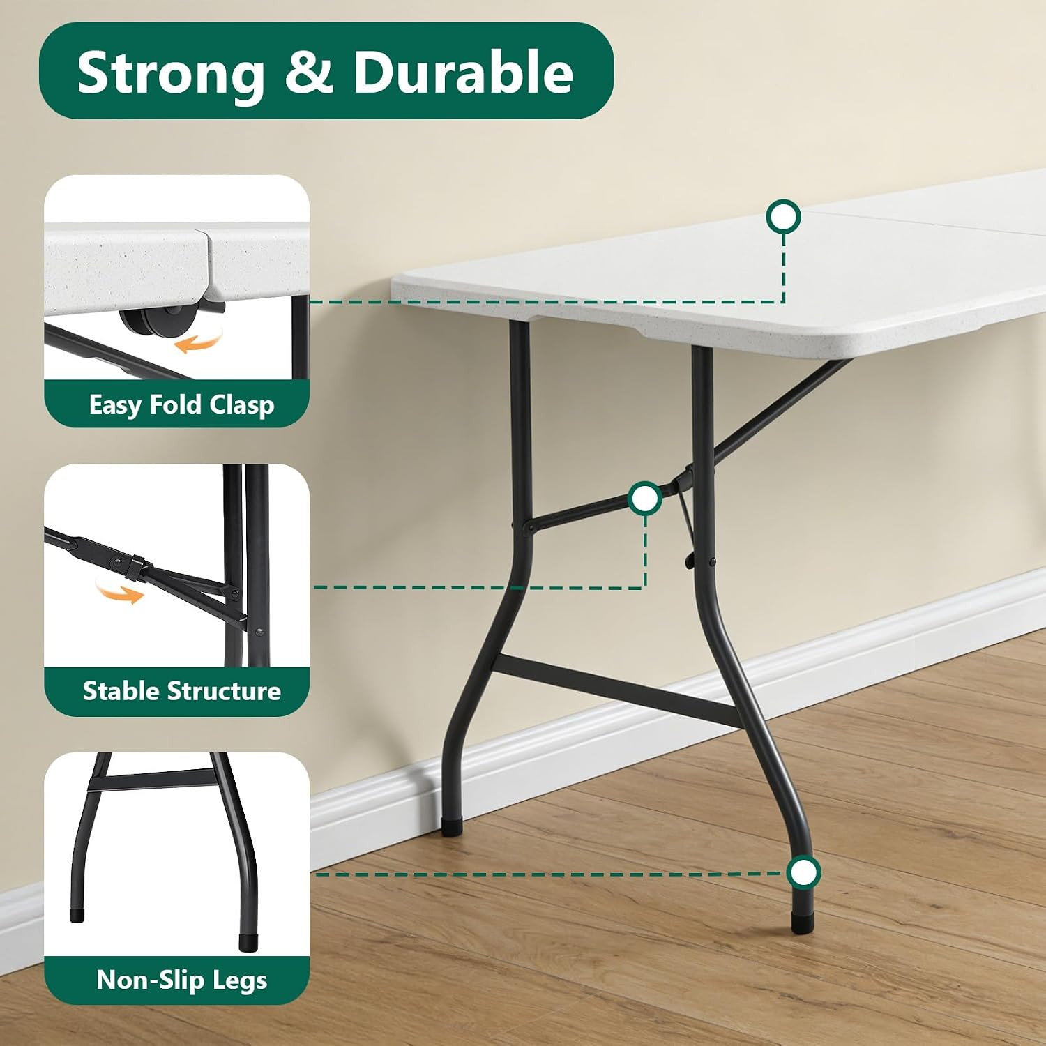 Folding Table, 5ft Portable Foldable Table Picnic Table with Carry Handle Plasti