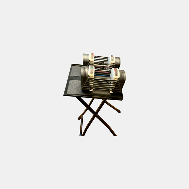 Powerblock adjustable dumbbell pair with folding stand
