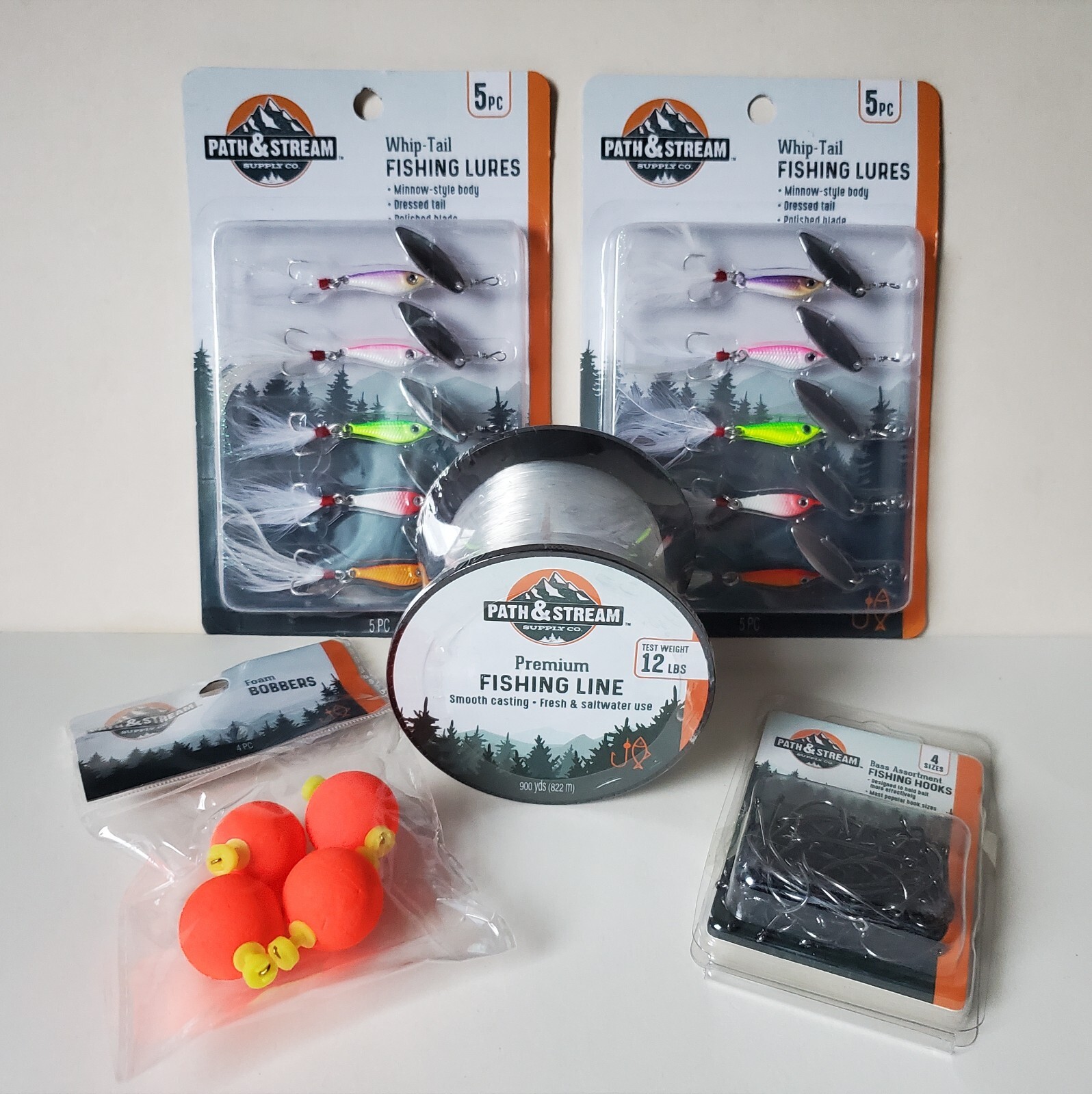 Path & Stream Fishing Lot : Whip-Tail Lures Premium Line Foam Bobbers Bass Hooks