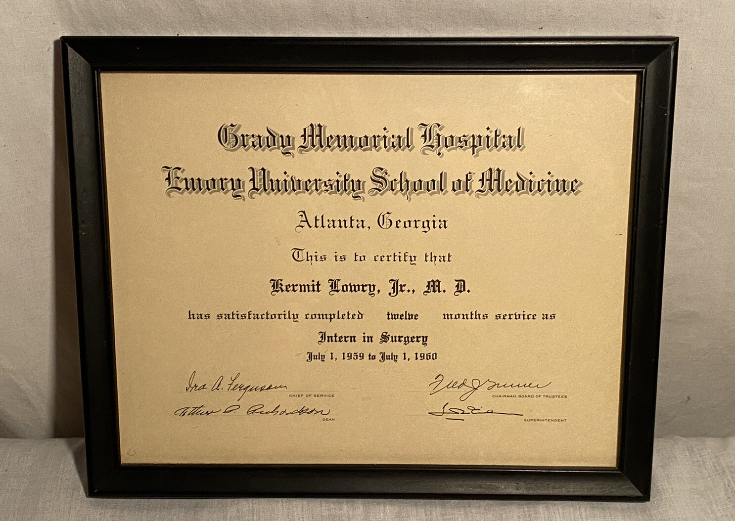 Vintage Grady Memorial Hospital Emory School Medicine Certificate Surgery 13x11
