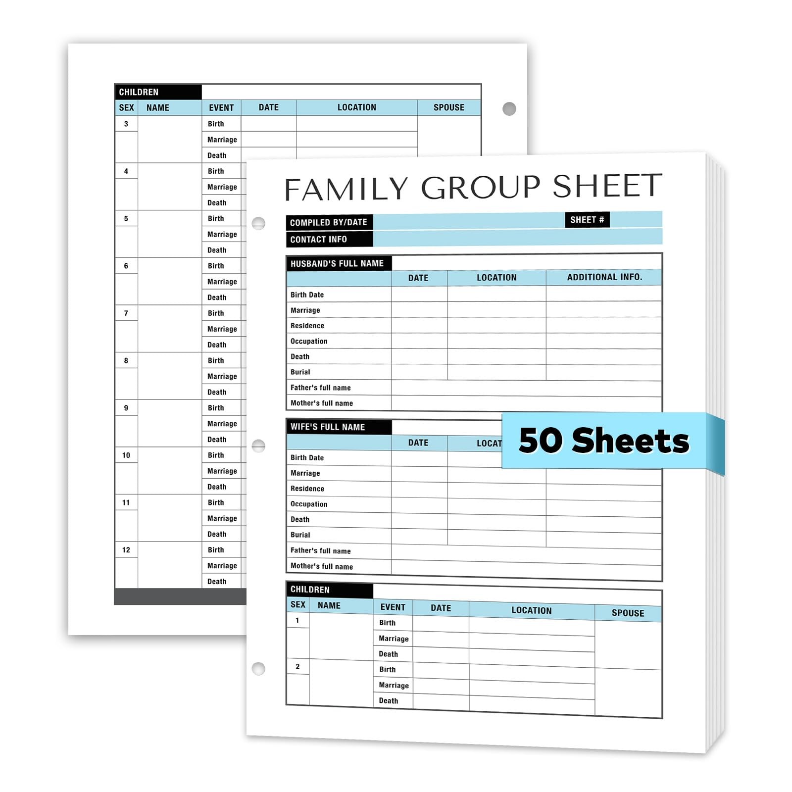 50 Family Group Sheets, Two-Sided Fillable Genealogy Forms & Ancestry Workshe...