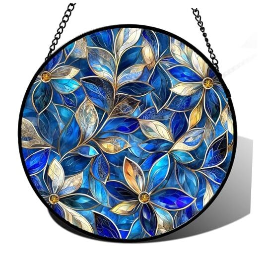 Stained Glass Window Hanging - Blue Gold Abstract 9.8x9.8 IN Blue Yellow
