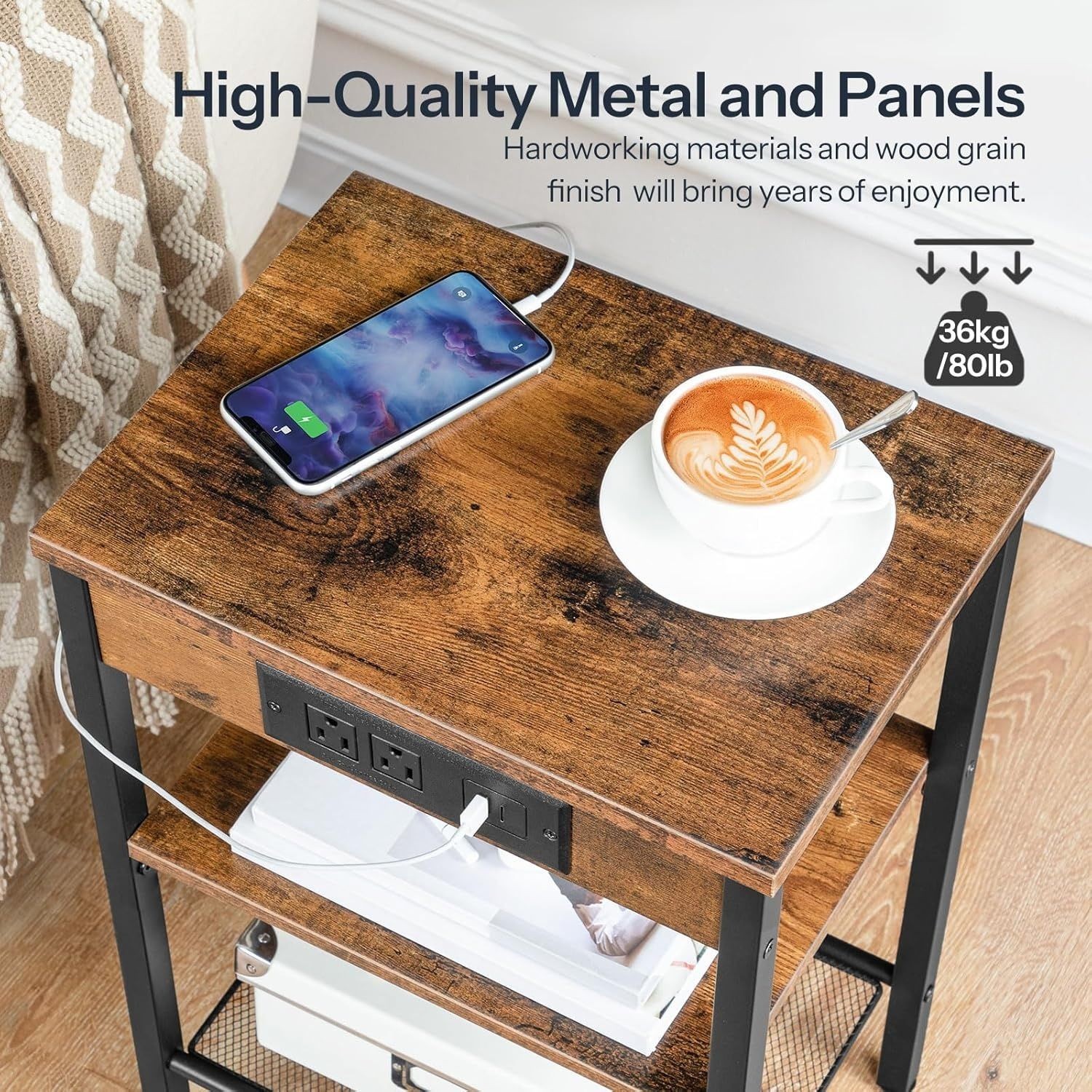 Side Table with Charging Station and USB Port, Small End Table for Small Space